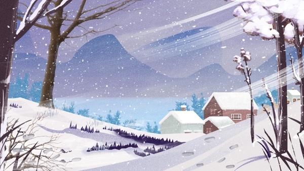 唯美大雪节气小雪冬季雪景风景插画