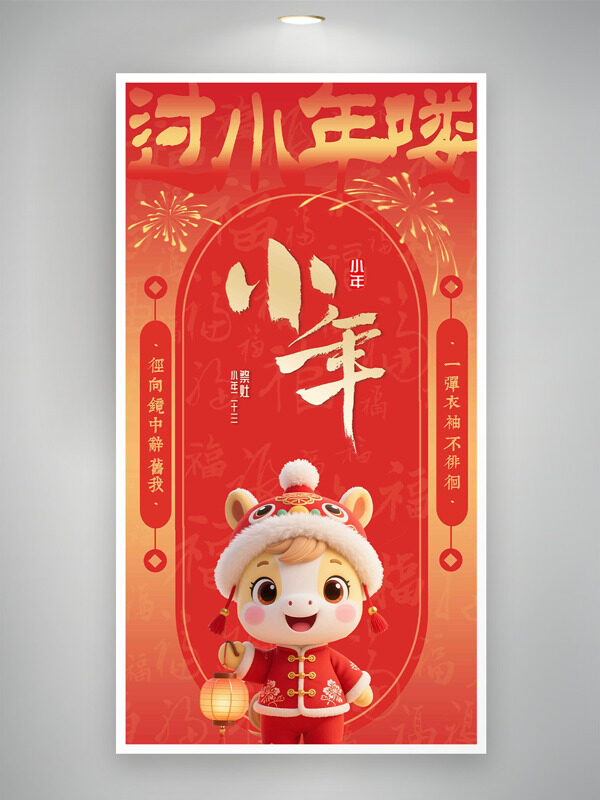 小年纳福喜庆热闹卡通马形象红色节日海报