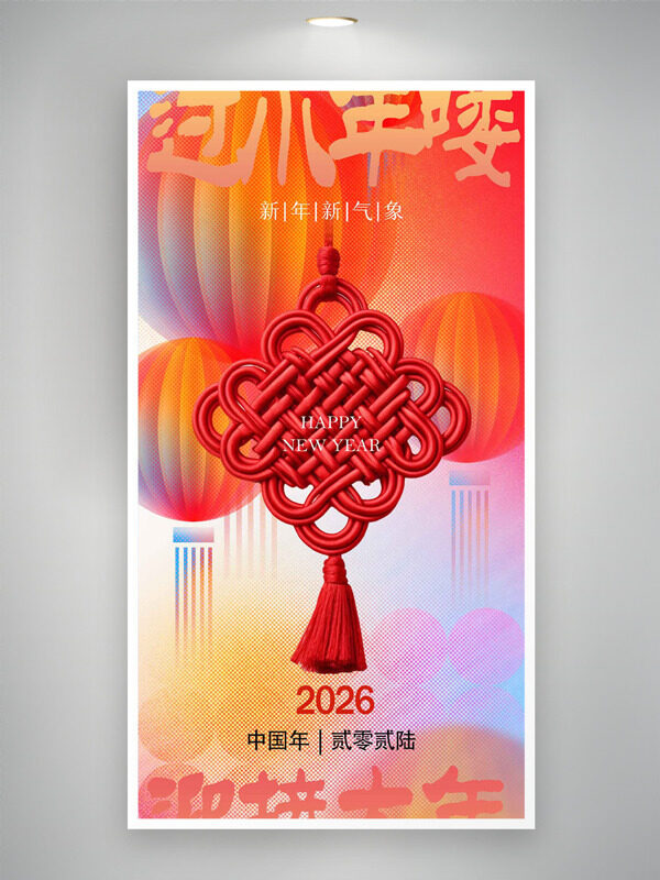 中国结灯笼插画过小年新年新气象节日海报