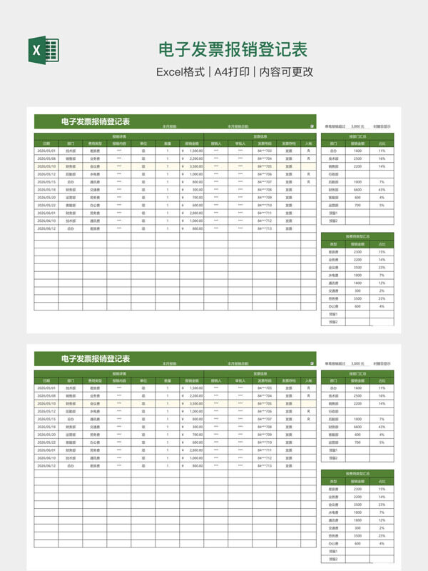 电子发票报销登记表