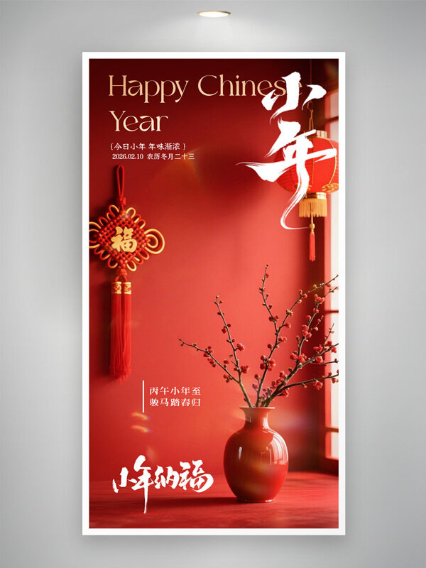 丙午小年至骏马踏春归红色喜庆节日海报