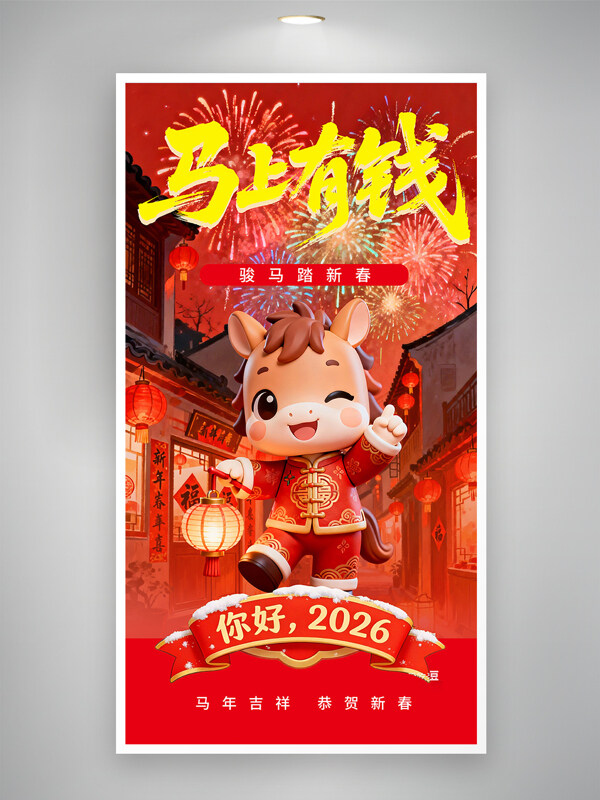 骏马踏新春红色马年卡通马上有钱新年海报