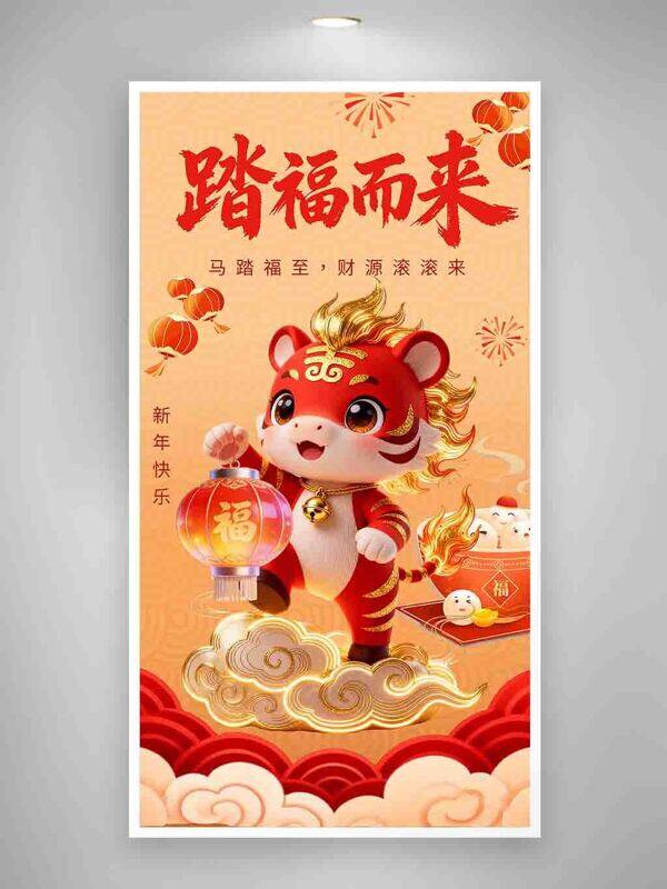 马踏福至财源滚滚卡通插画新年节日海报