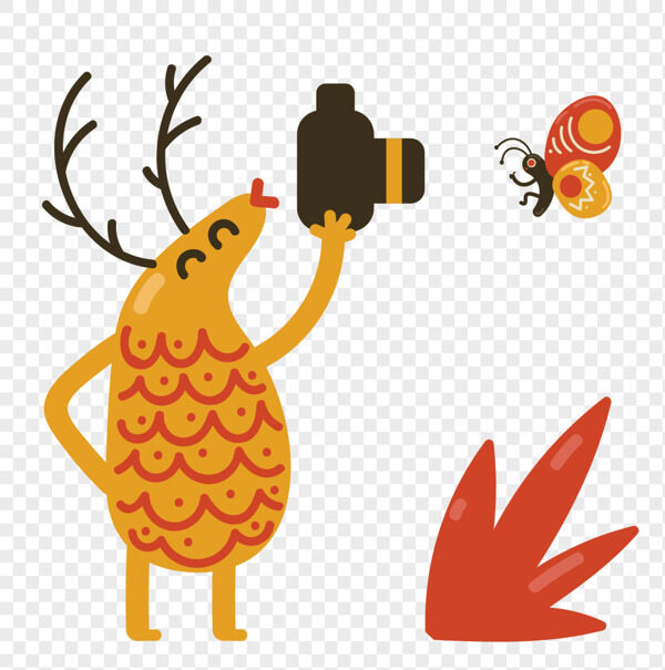 卡通抽象鱼鳞梅花鹿相机拍摄蝴蝶场景插画