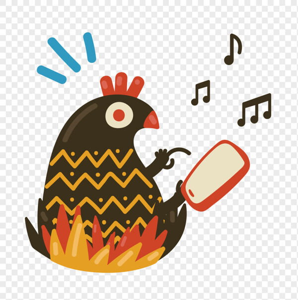 手绘抽象黑色线条大公鸡拿着手机放音乐卡通插画