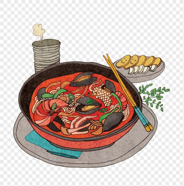 手绘加热海鲜鲍鱼鱿鱼大虾红汤面条免抠美食