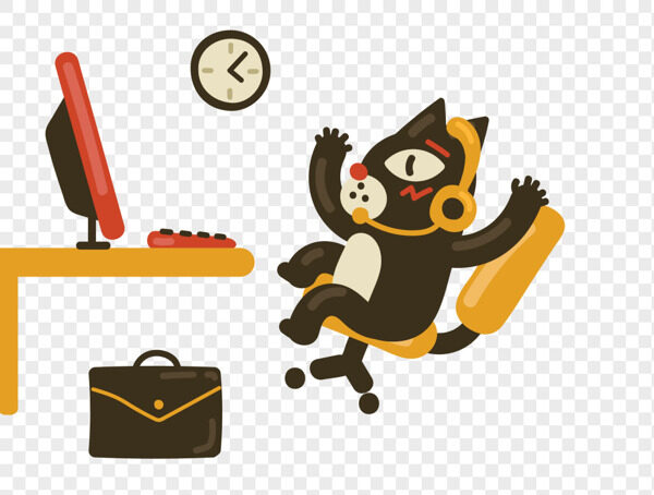 手绘黑咪坐在办公室对着电脑语音插画