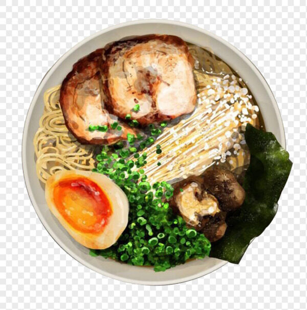 手绘大块叉烧肉片金针菇蘑菇海苔拉面免抠美食