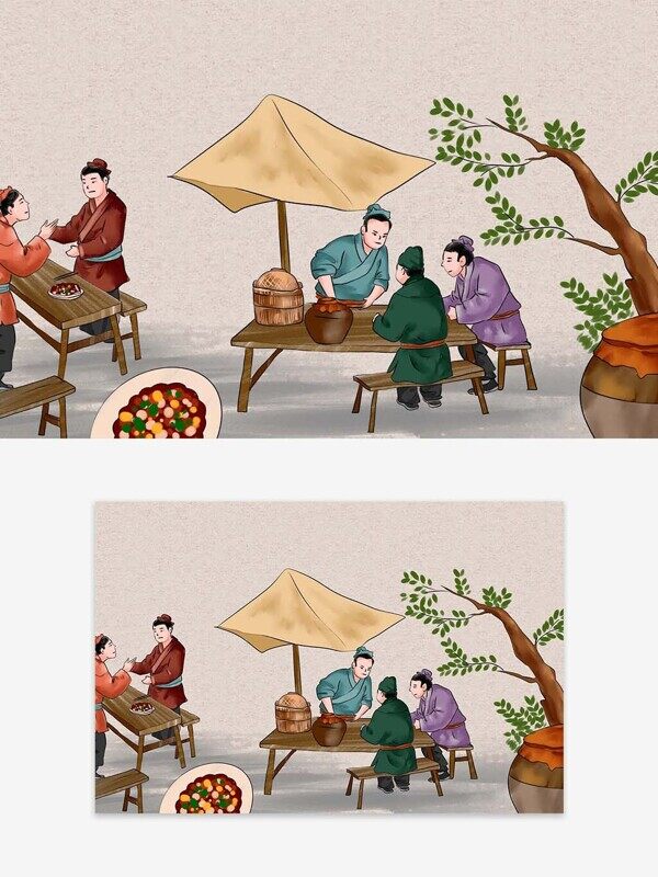 手绘古代伞下木桌木椅把酒言欢美食插画