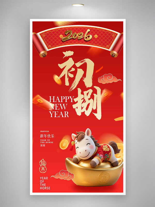 大年初八红色喜庆卡通立体小马年俗海报