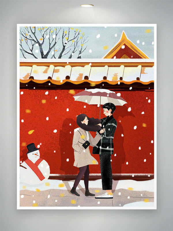 中国风红墙建筑卡通情侣雪中撑伞插画