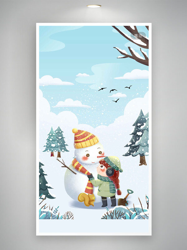 唯美冬日雪景卡通女生雪人插画