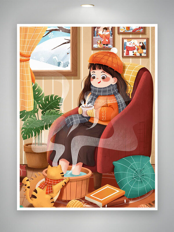 创意手绘可爱女生冬日温馨室内泡脚插画