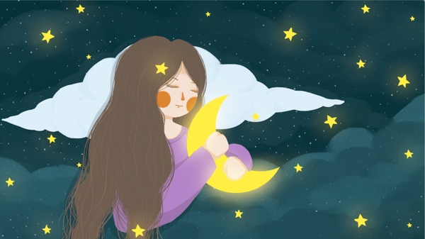 晚安世界星空夜晚抱月亮的女孩插画