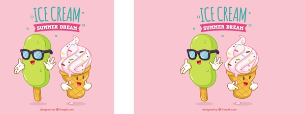 有趣的卡通风格彩色冰淇淋雪糕插图粉红背景