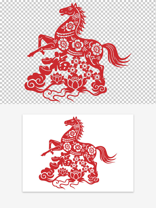 中国传统剪纸艺术红色骏马祥云图案设计