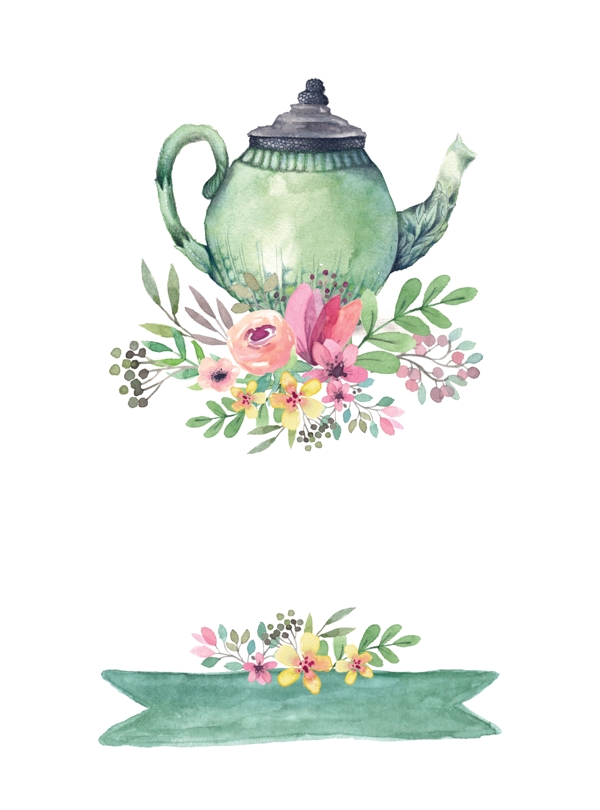 手绘水彩森系茶壶花朵免抠背景印刷画册装饰