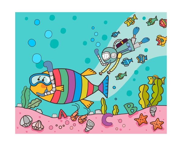 潜水儿童插画图片