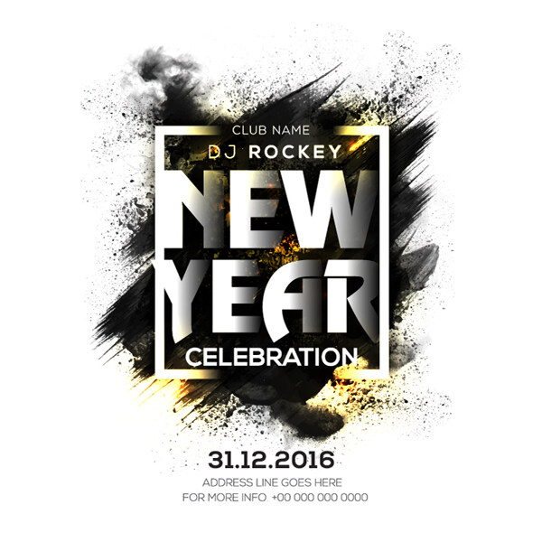 新年派对海报黑色污点和金色细节