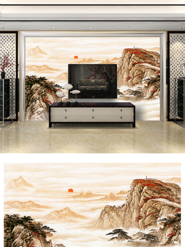 抽象新中式山水国画水墨背景墙