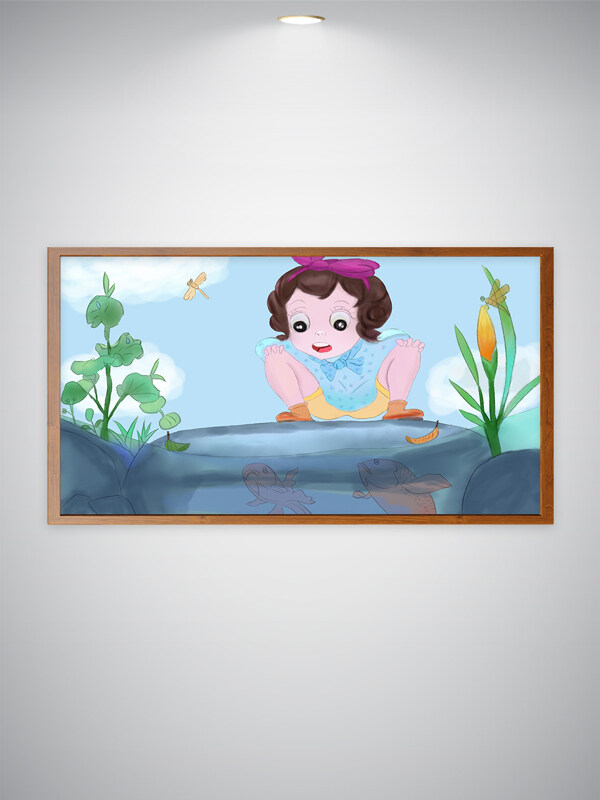 看鱼的女孩  卡通女孩  手绘金鱼  手绘植物  植物  金鱼  小女孩  蹲着的小女孩