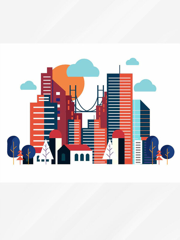 扁平简约手绘城市建筑楼群风光插画