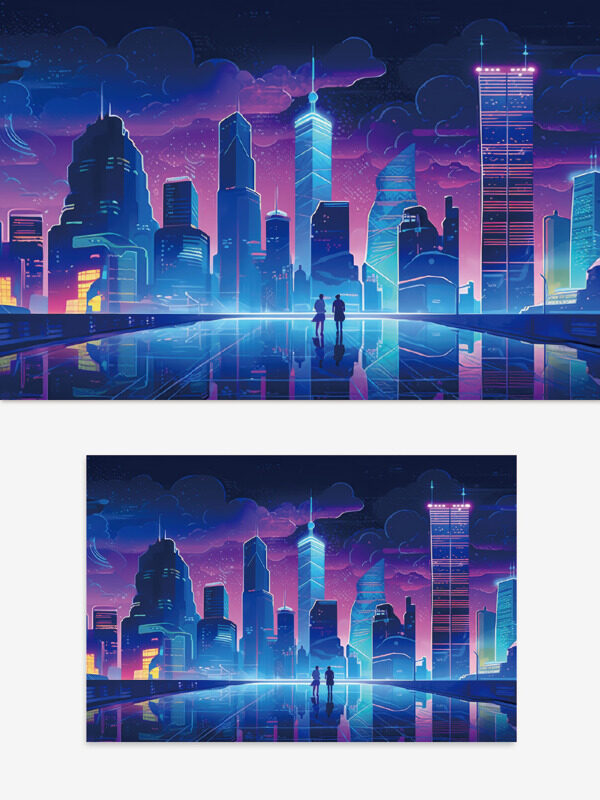 创意未来城市蓝紫色创意设计图