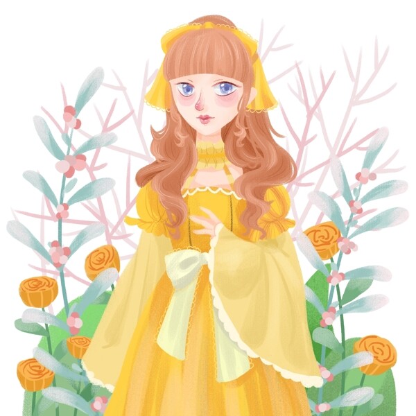 手绘橙黄裙子女孩绿植森林花朵