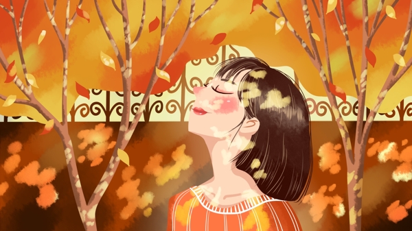 秋日里享受温暖午后阳光的少女插画