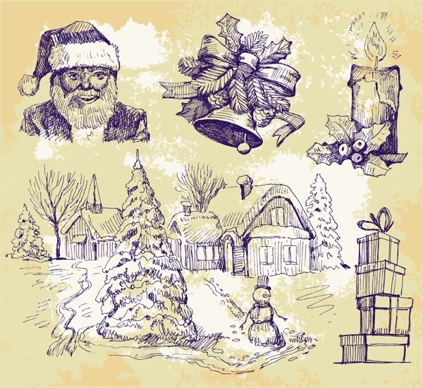 手绘怀旧圣诞装饰素材矢量图片