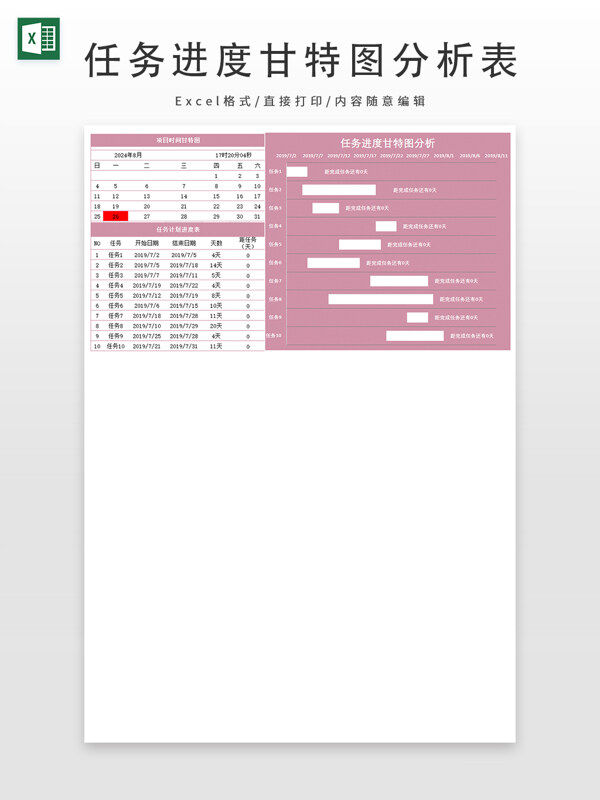 粉色简约风任务进度甘特图分析表