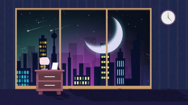 手绘窗外城市夜景插画背景设计